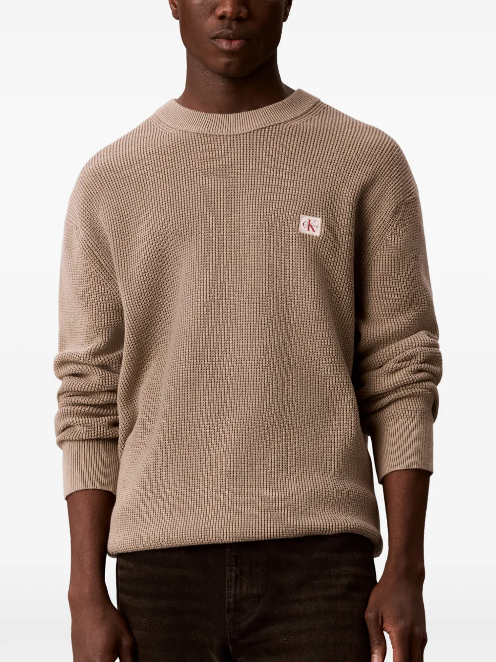 Calvin Klein Wafelgebreide trui met logopatch Beige