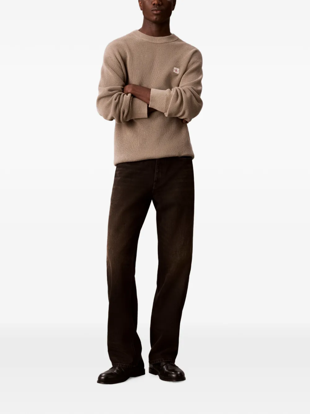 Calvin Klein Wafelgebreide trui met logopatch Beige