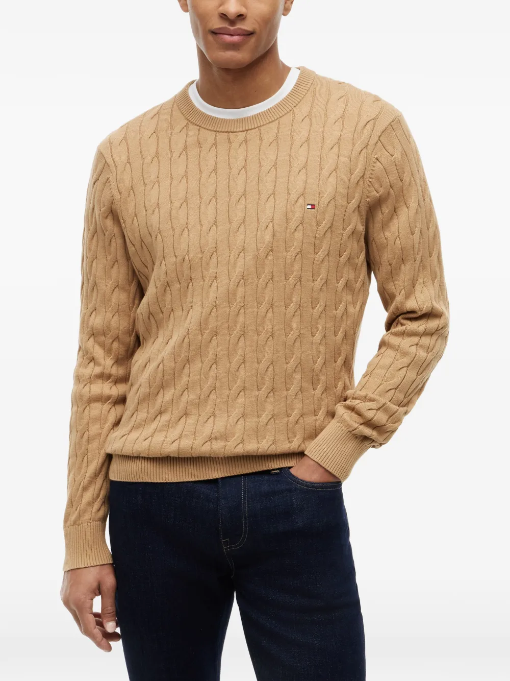 Tommy Hilfiger Kabelgebreide trui met geborduurd logo Bruin