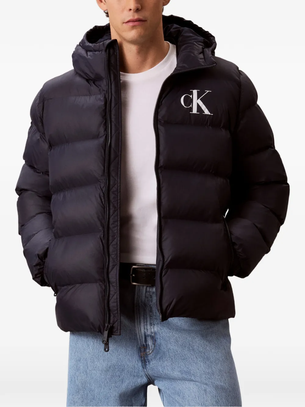 Calvin Klein Gewatteerd jack met capuchon en logoprint Blauw