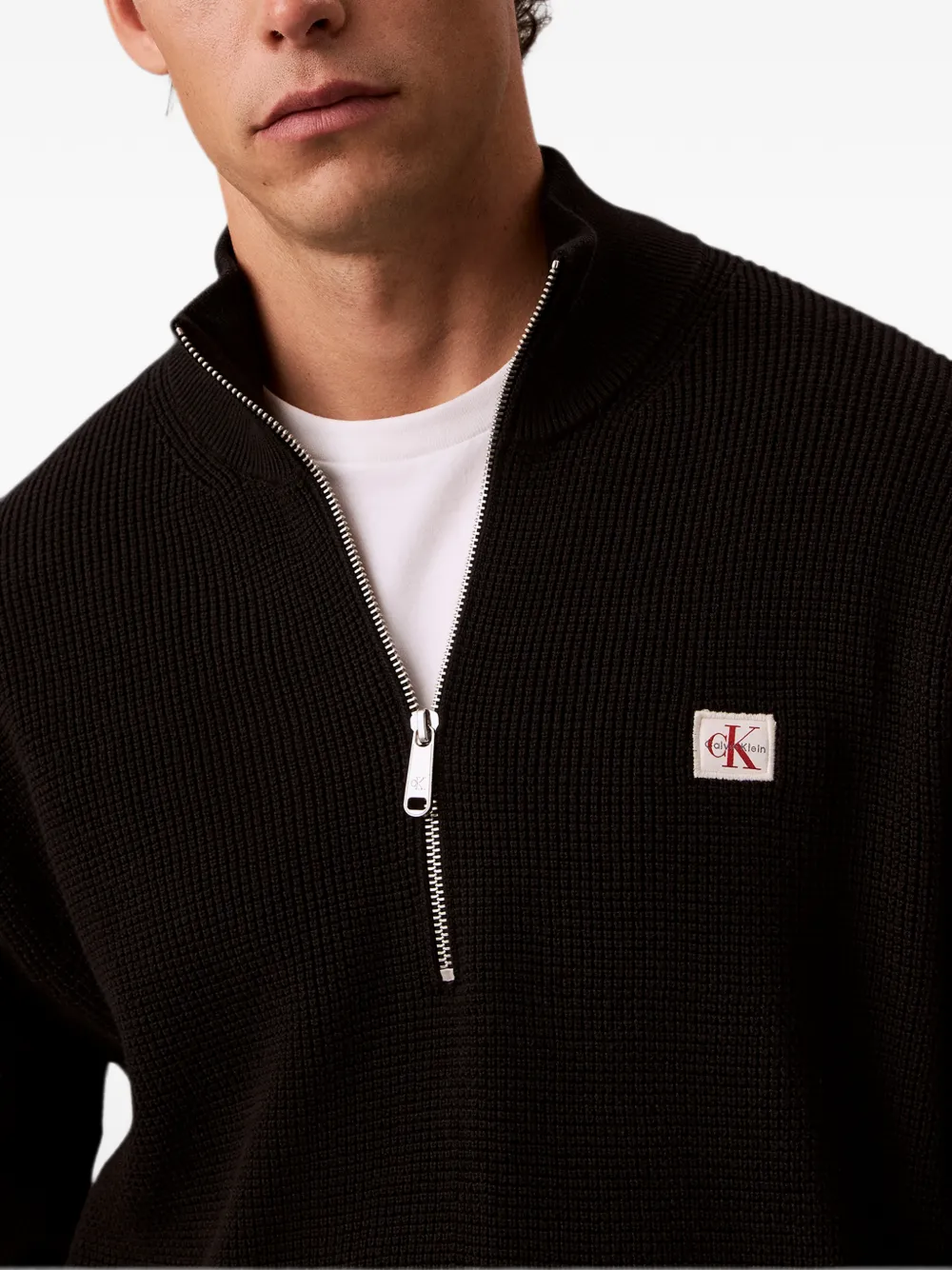 Calvin Klein Wafelgebreide trui met kwartrits Zwart