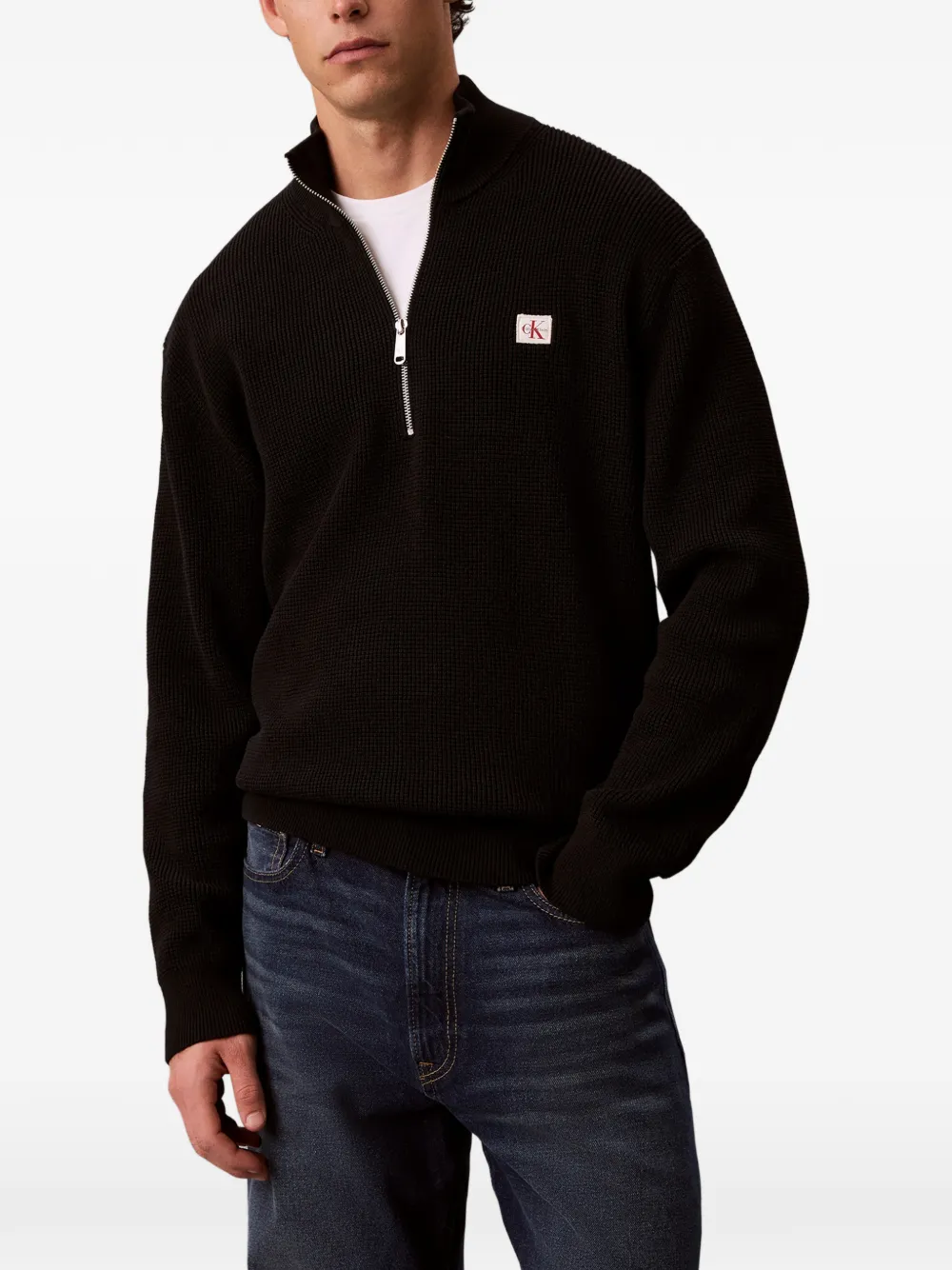Calvin Klein Wafelgebreide trui met kwartrits Zwart