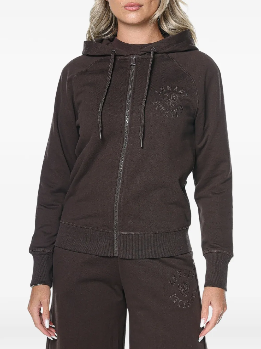 Armani Exchange logo-embroidered zip-up hoodie - Braun