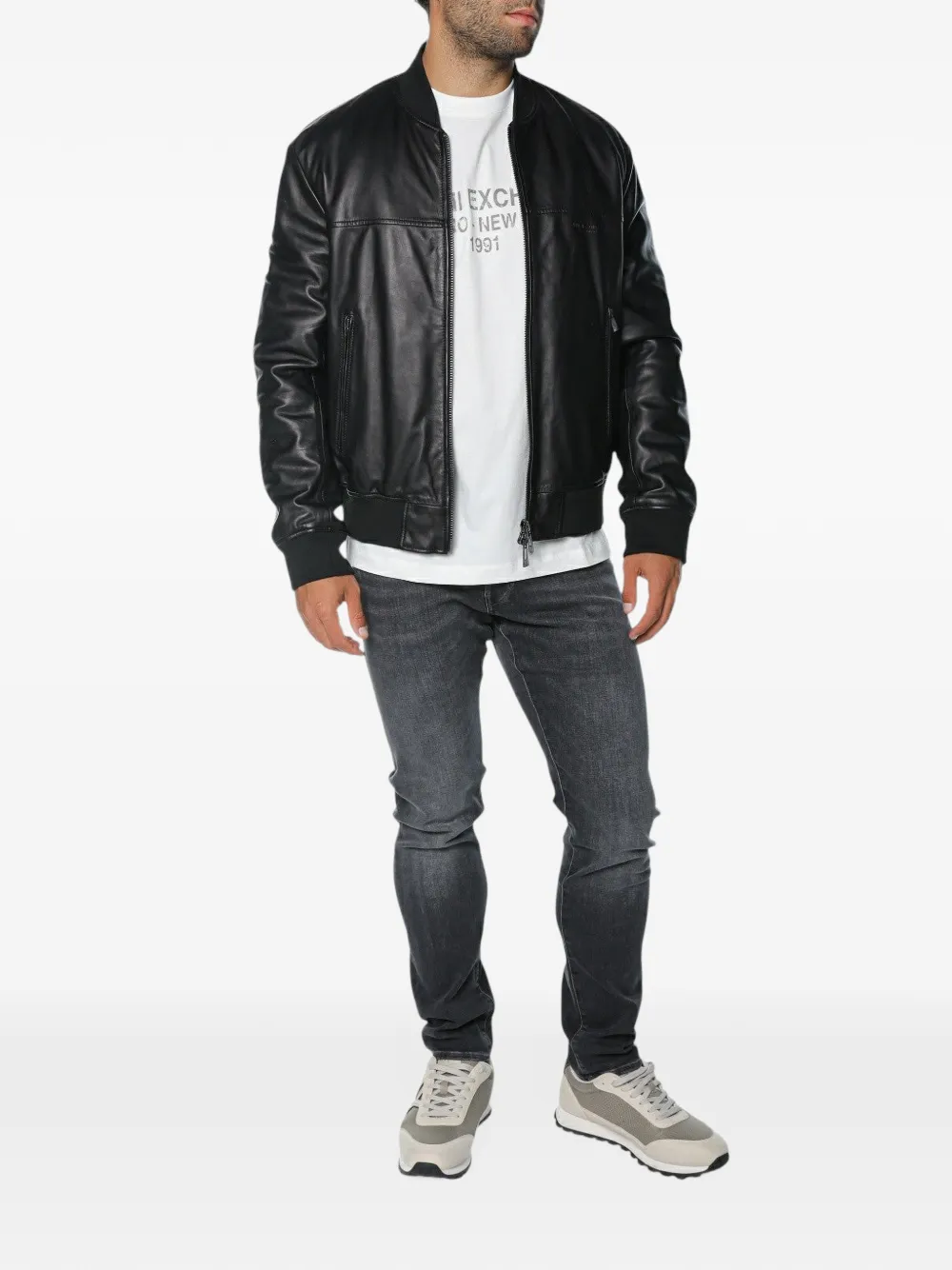 Armani Exchange leather blouson jacket Zwart