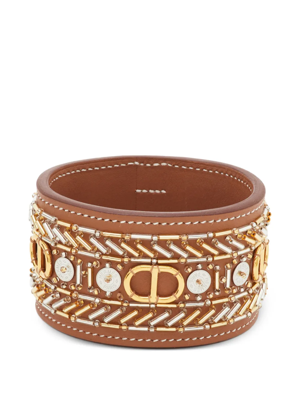Hermès Pre-Owned Bracciale rigido in pelle con perline - Marrone