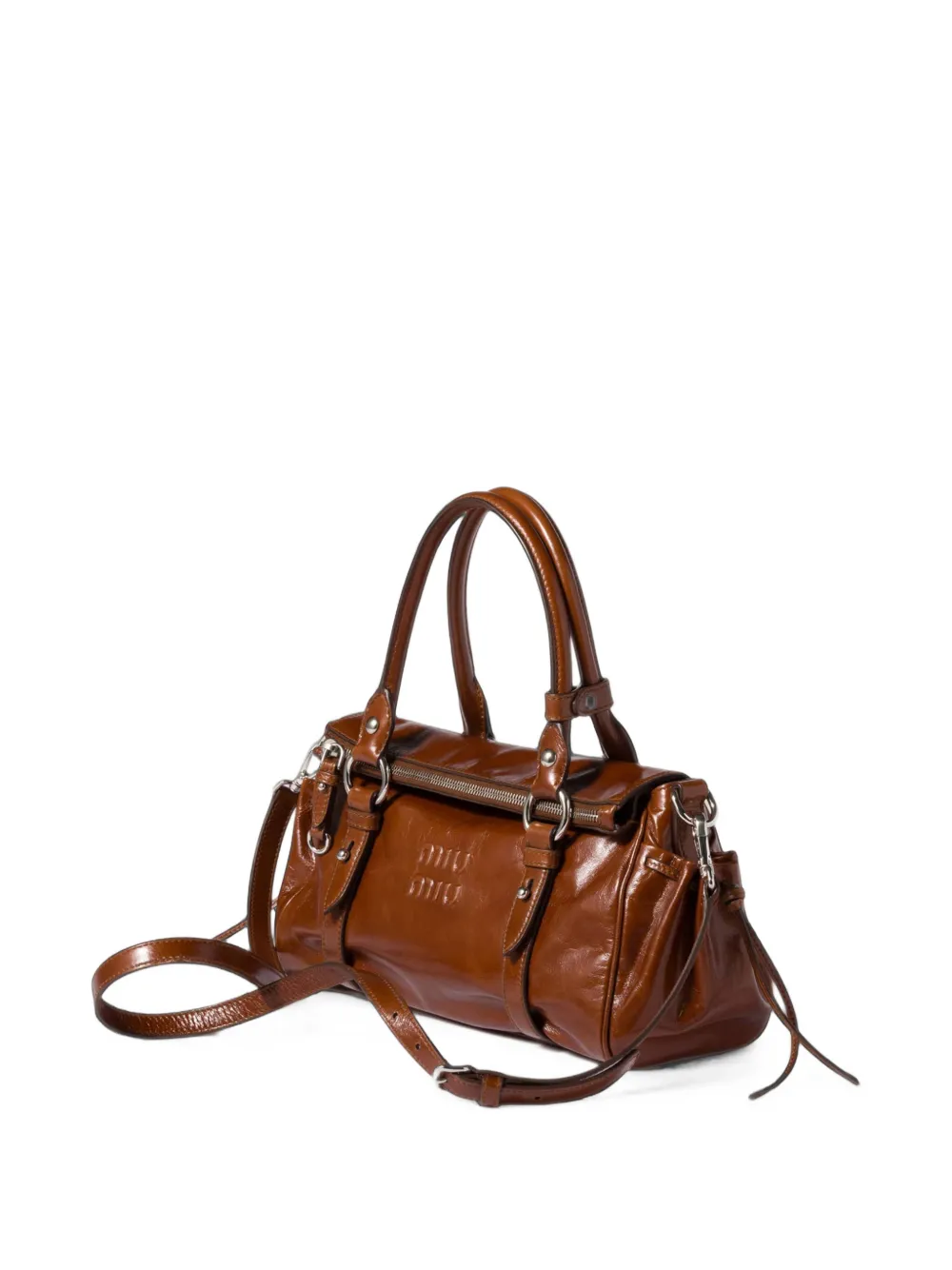 Miu Leren handtas met glanzend effect Bruin