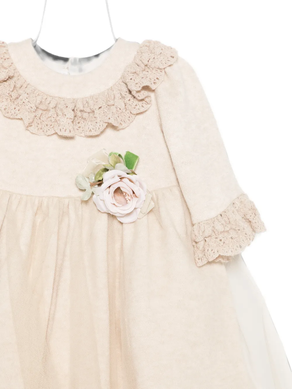 Colorichiari Jurk met gehaakte afwerking en bloemapplicatie Beige