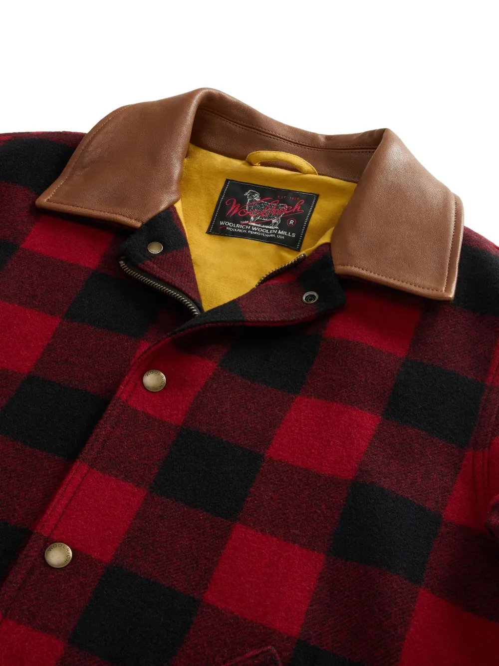 Woolrich Buffalo Check jack met leren kraag Rood