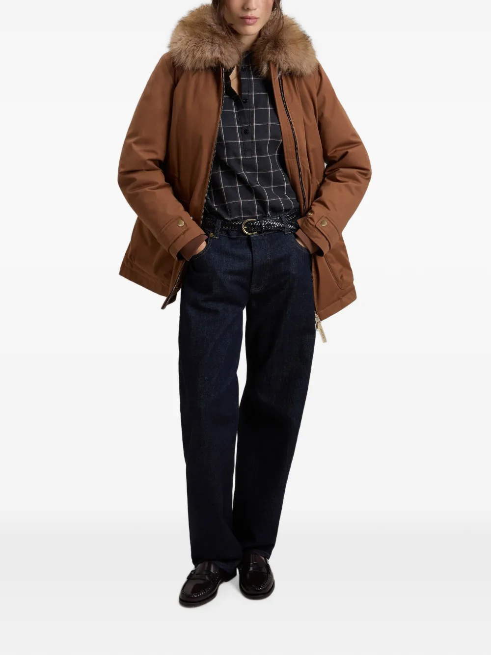 Woolrich Jas met trekkoord en kraag van imitatiebont Bruin