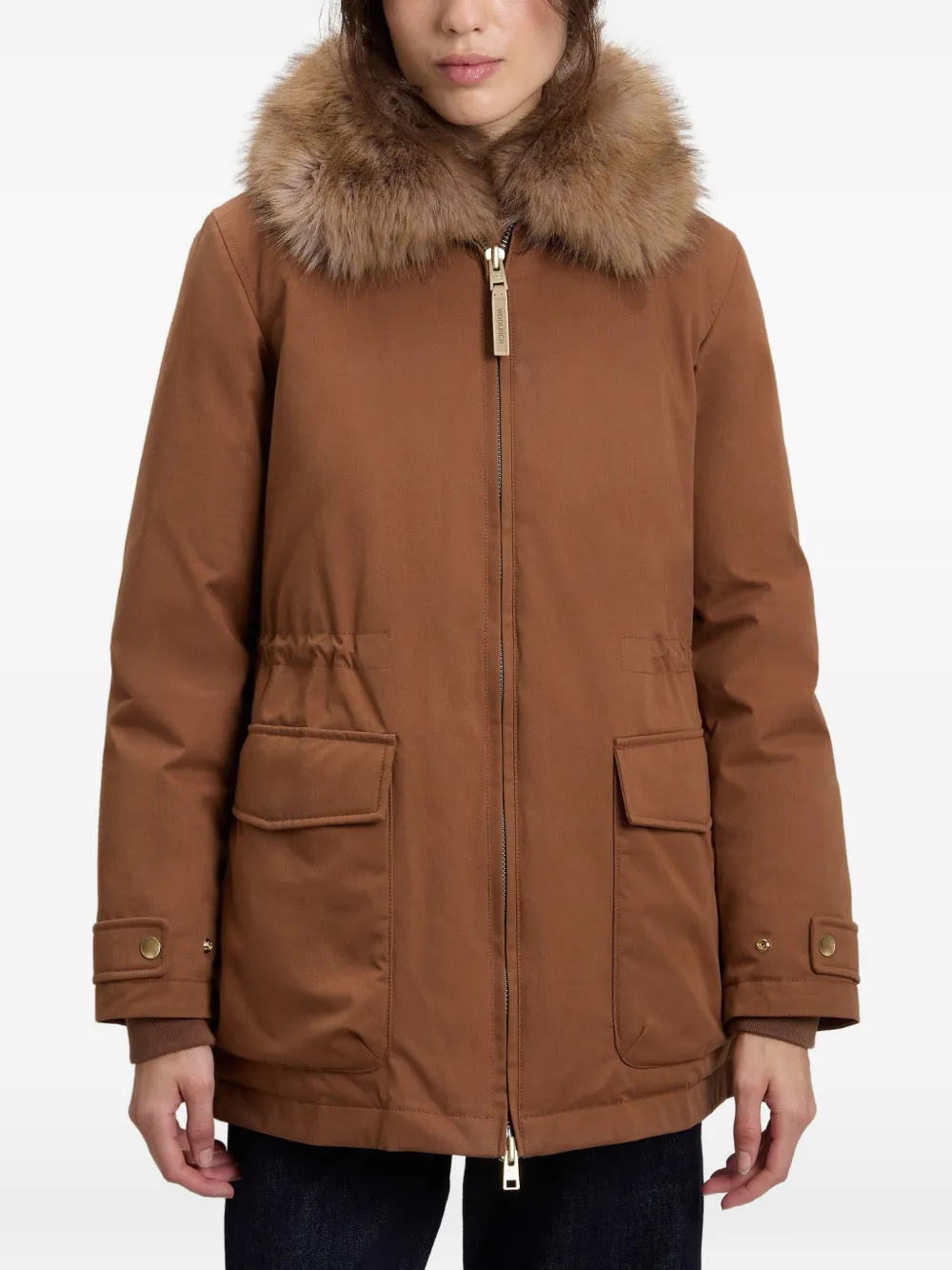 Woolrich Jas met trekkoord en kraag van imitatiebont Bruin