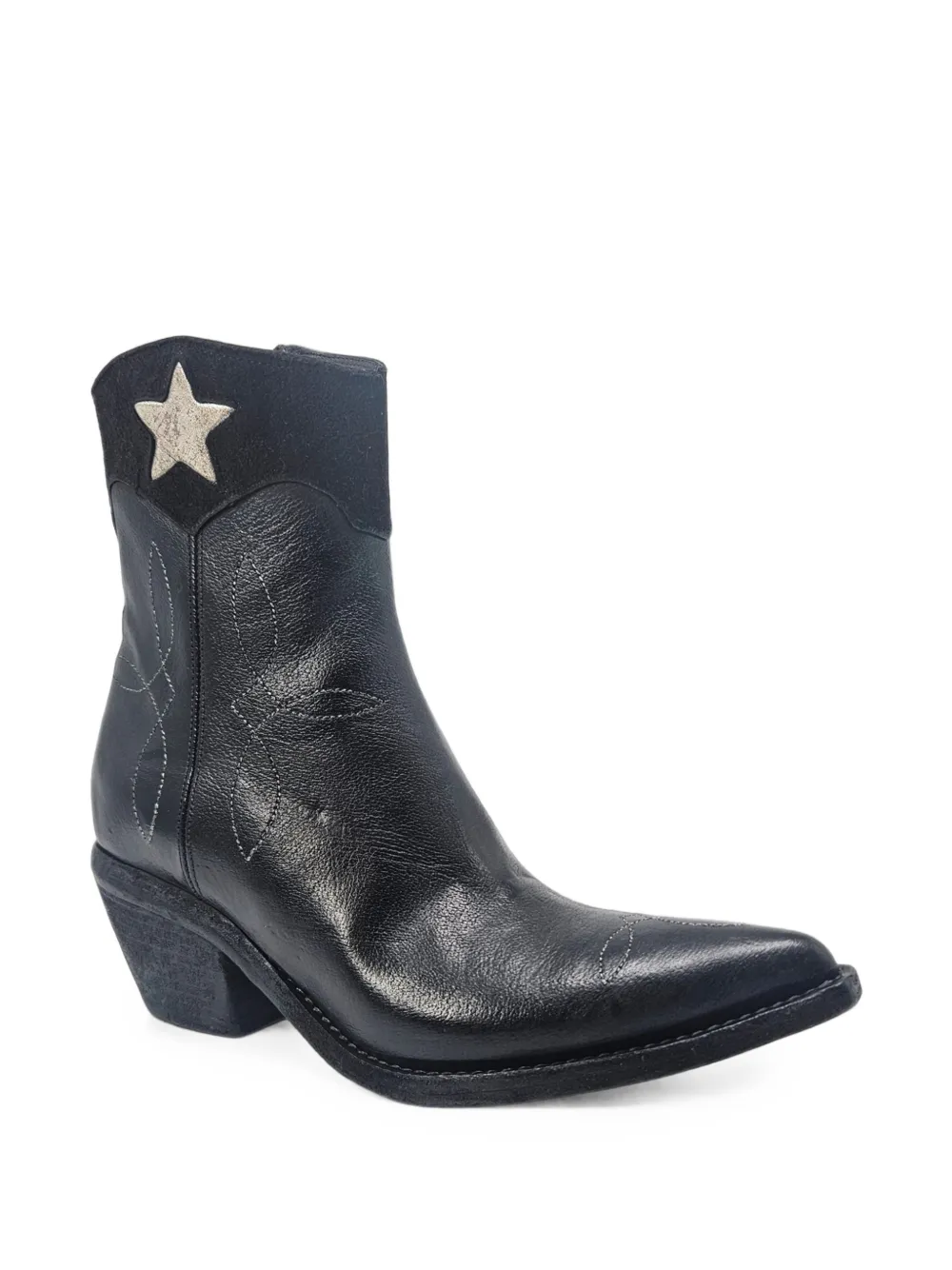 Madison.Maison Pointy leren enkellaarzen met sterpatchwork Zwart