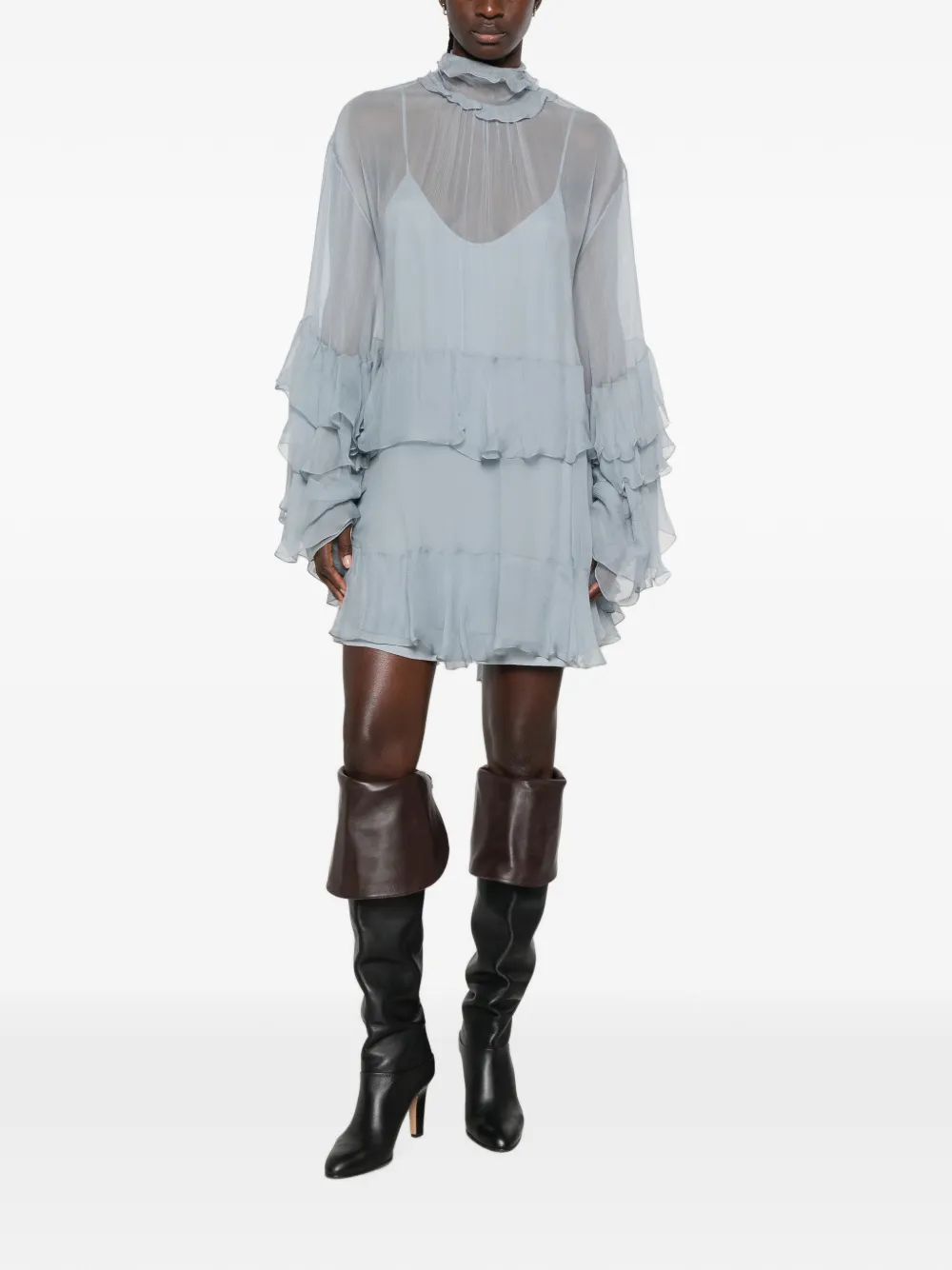 Chloé Zijden mousseline mini-jurk met ruches Blauw