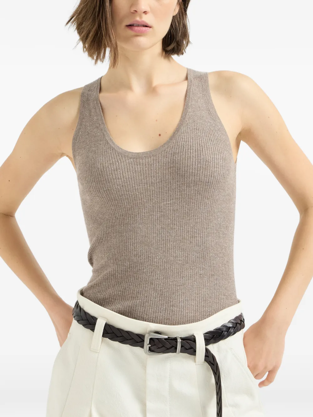 Brunello Cucinelli sparkling cashmere and viscose rib-knit top Beige