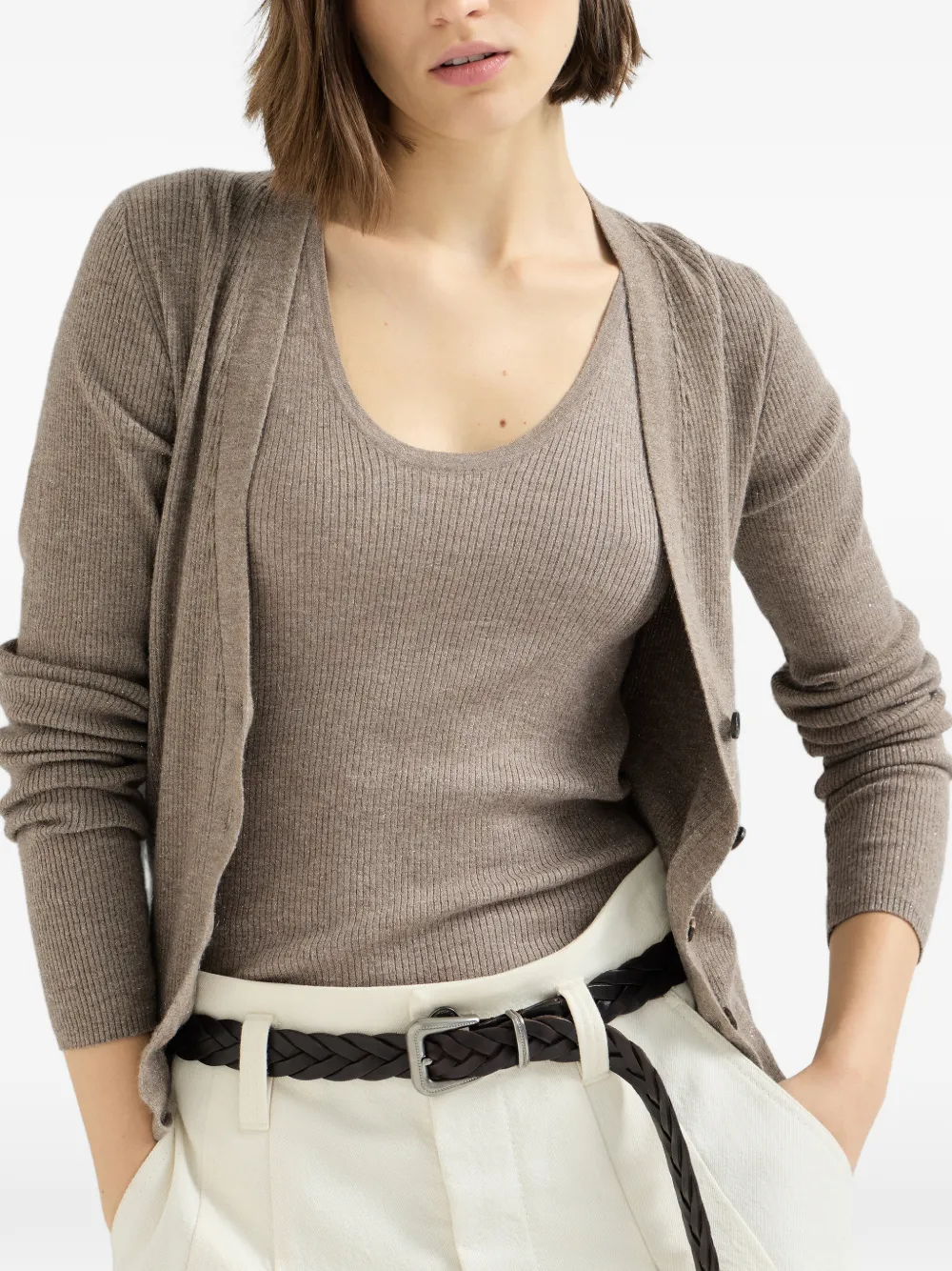 Brunello Cucinelli sparkling cashmere and viscose rib-knit top Beige