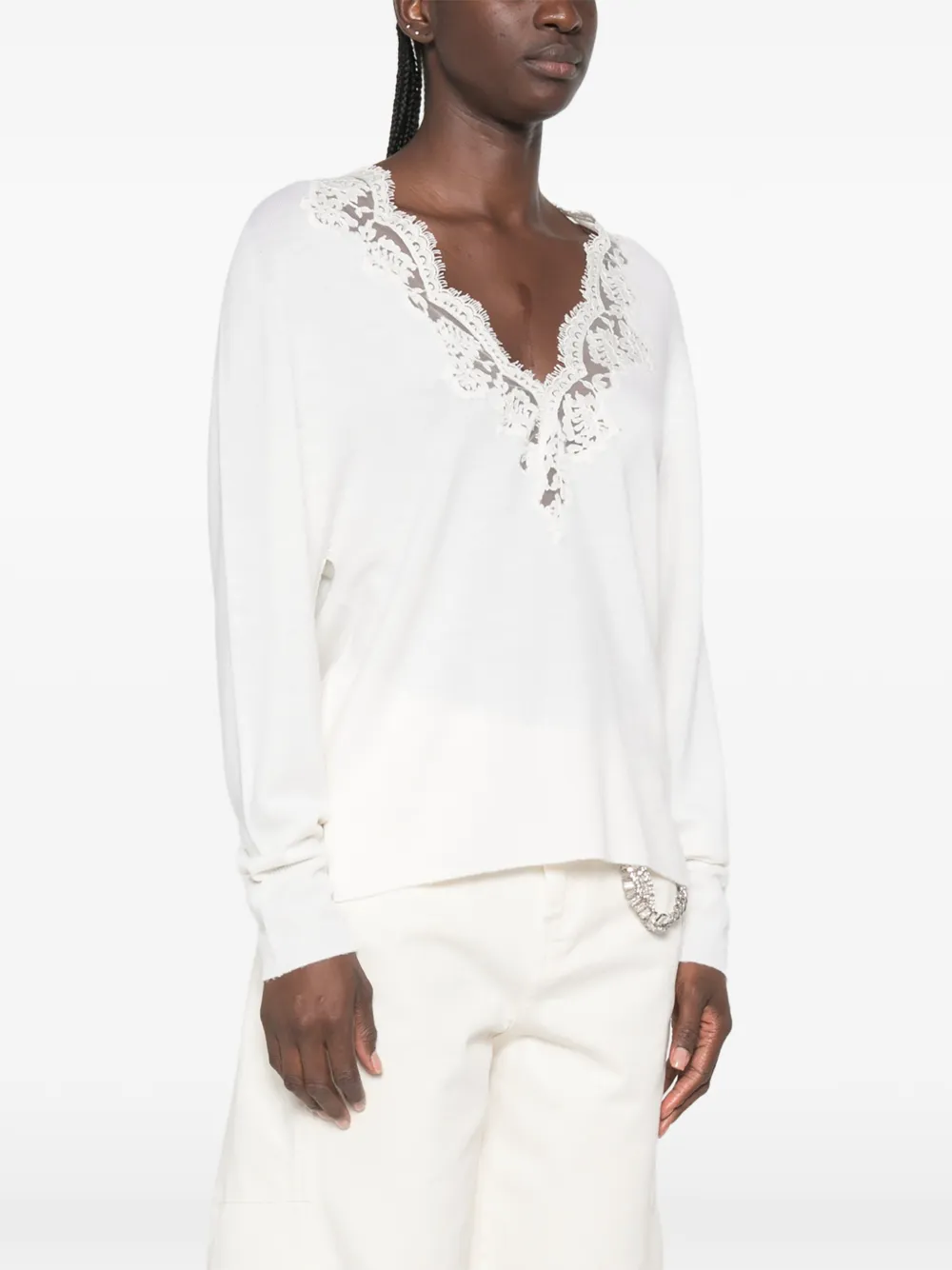 ERMANNO FIRENZE Light trui met V-hals en kanten afwerking Wit