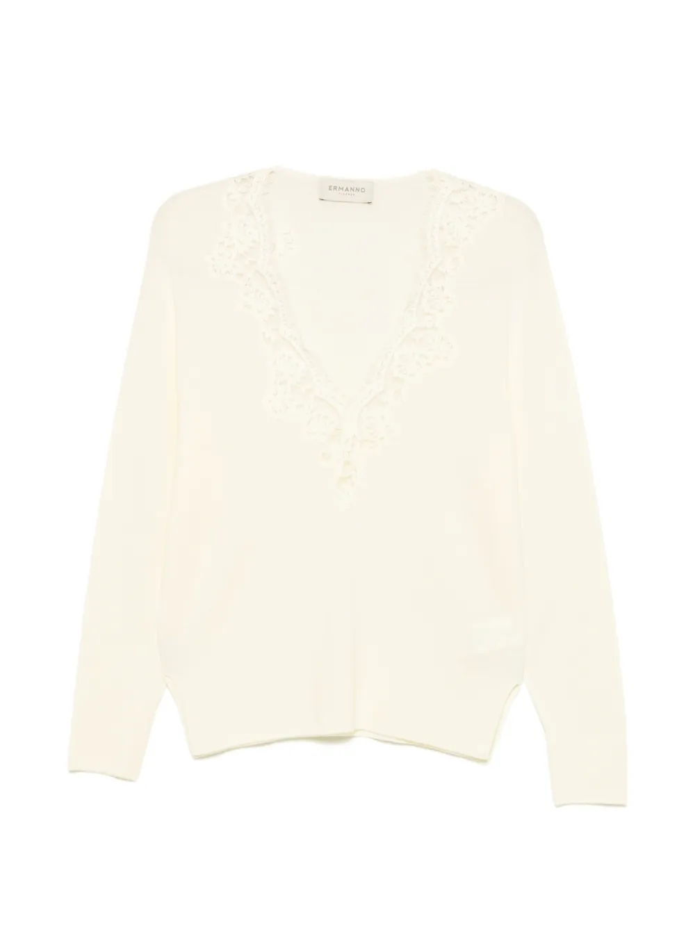 ERMANNO FIRENZE lace-trim V-neck sweatshirt - Weiß