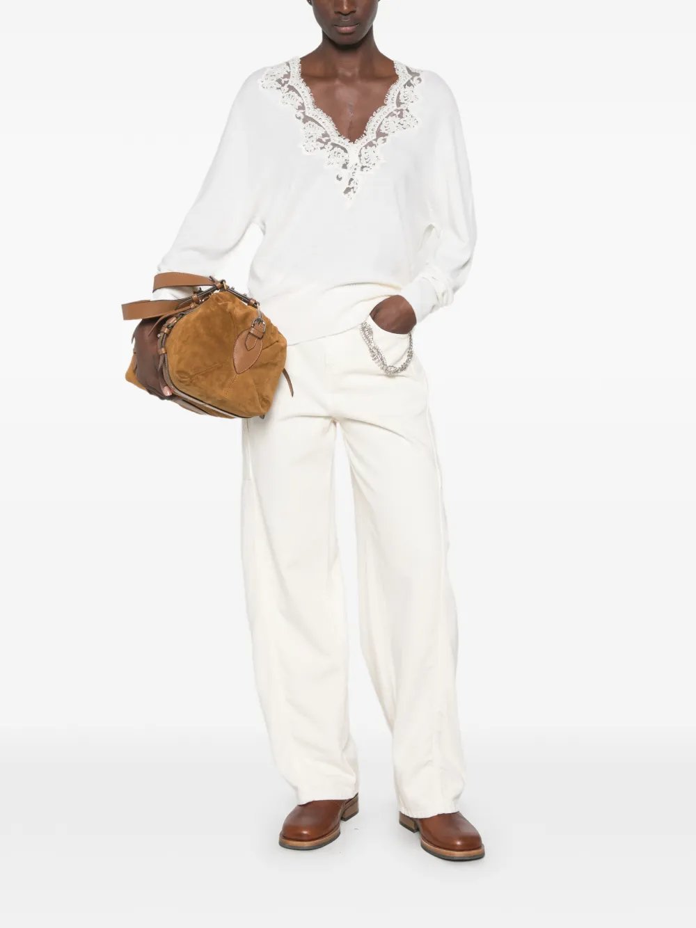 ERMANNO FIRENZE Light trui met V-hals en kanten afwerking Wit