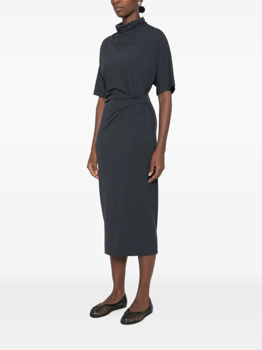 Brunello Cucinelli midi-jurk met gedraaide taille en hoge hals Blauw