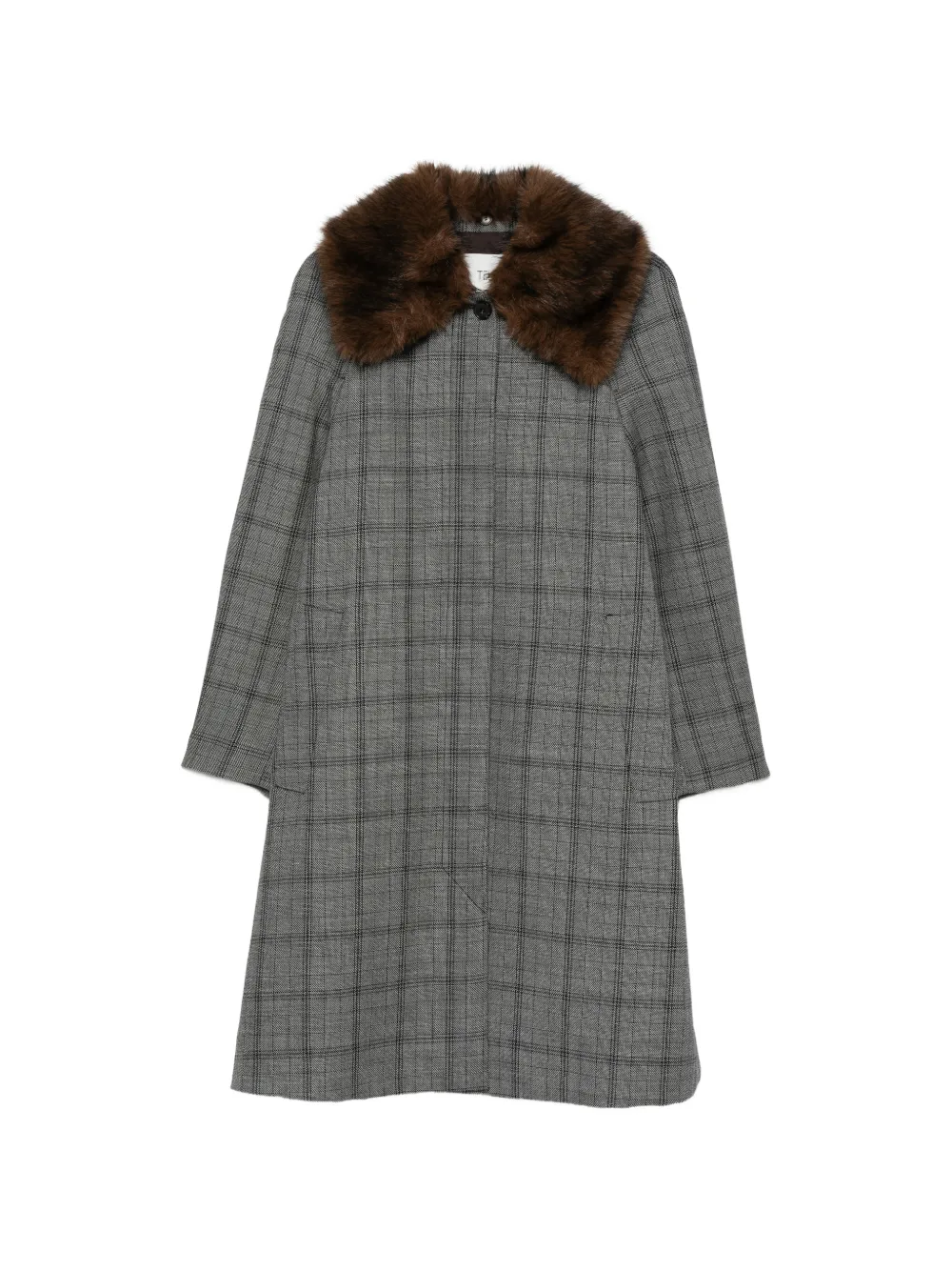 Tela check faux-fur collar coat