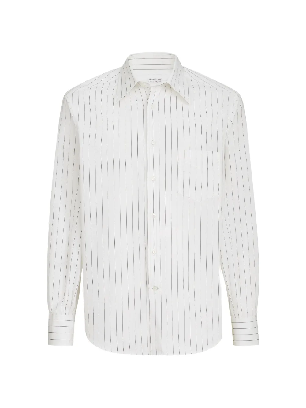 Brunello Cucinelli Camicia gessata in popeline con colletto italiano e tasca sul petto - Bianco