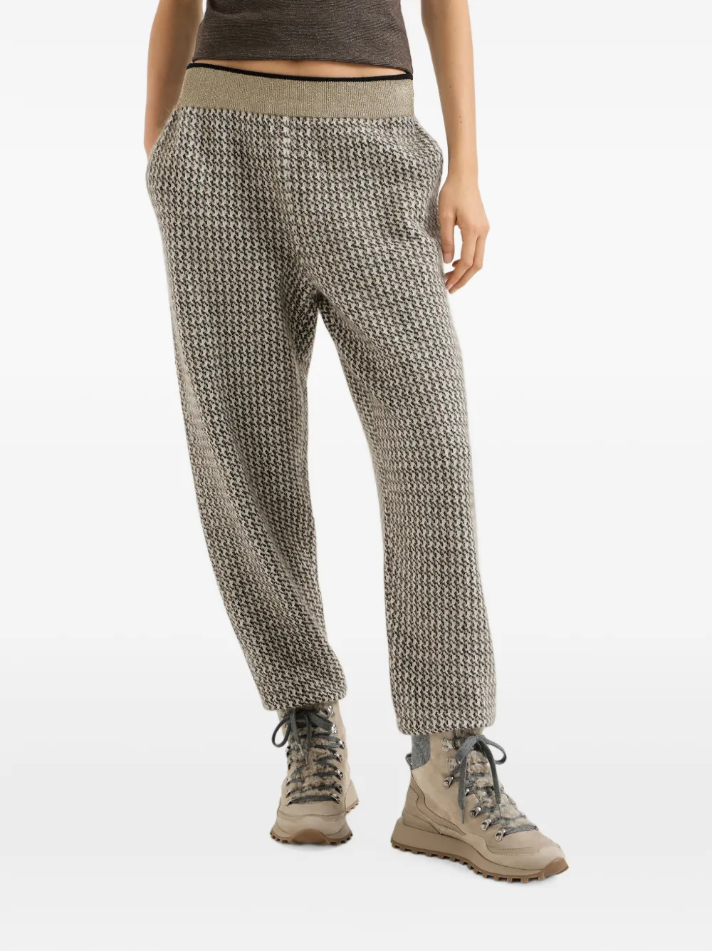 Brunello Cucinelli Gebreide trainingsbroek van mohair scheerwol en kasjmier met glinsterende pied-de-pouleprint Beige