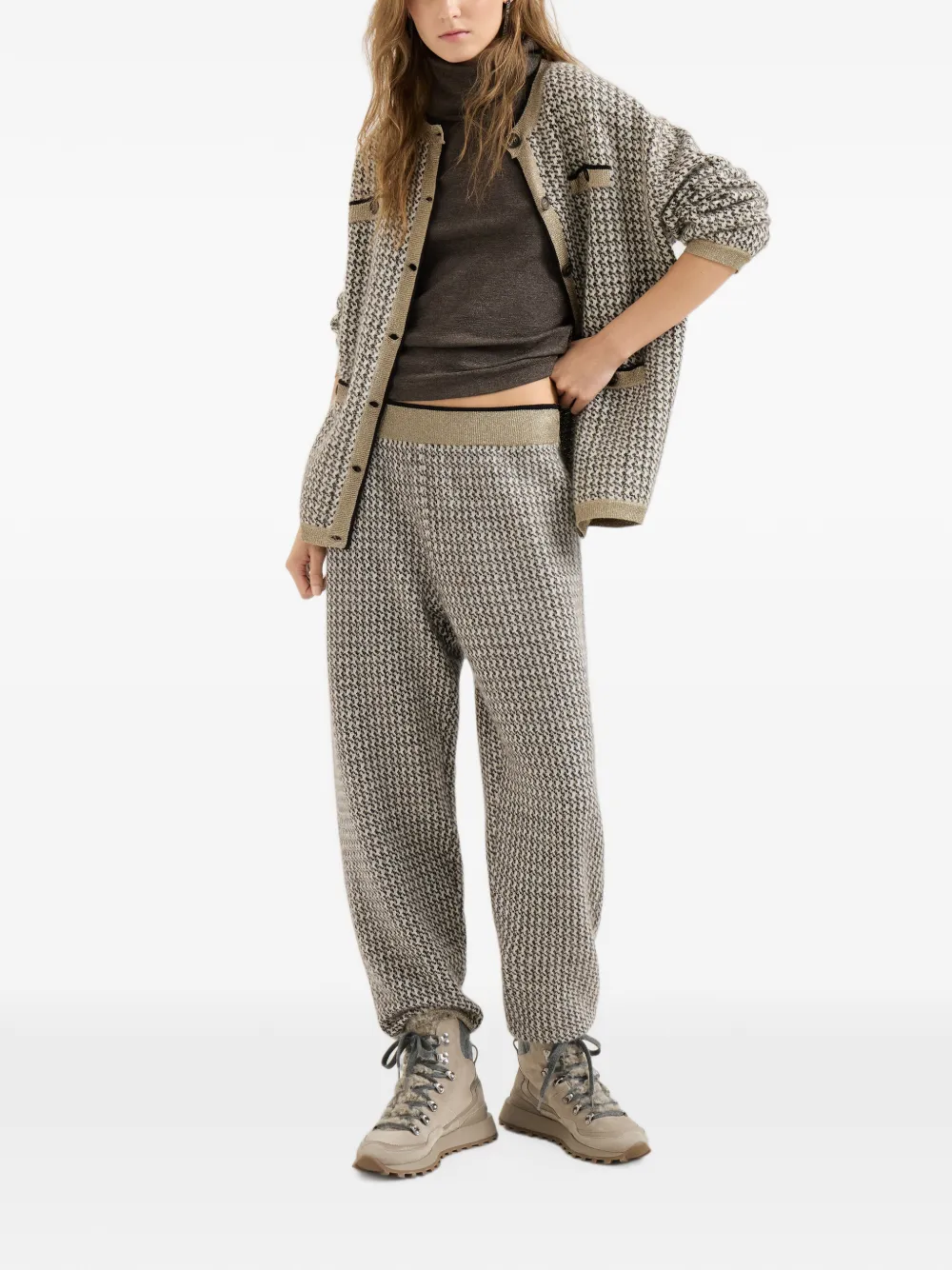 Brunello Cucinelli Gebreide trainingsbroek van mohair scheerwol en kasjmier met glinsterende pied-de-pouleprint Beige