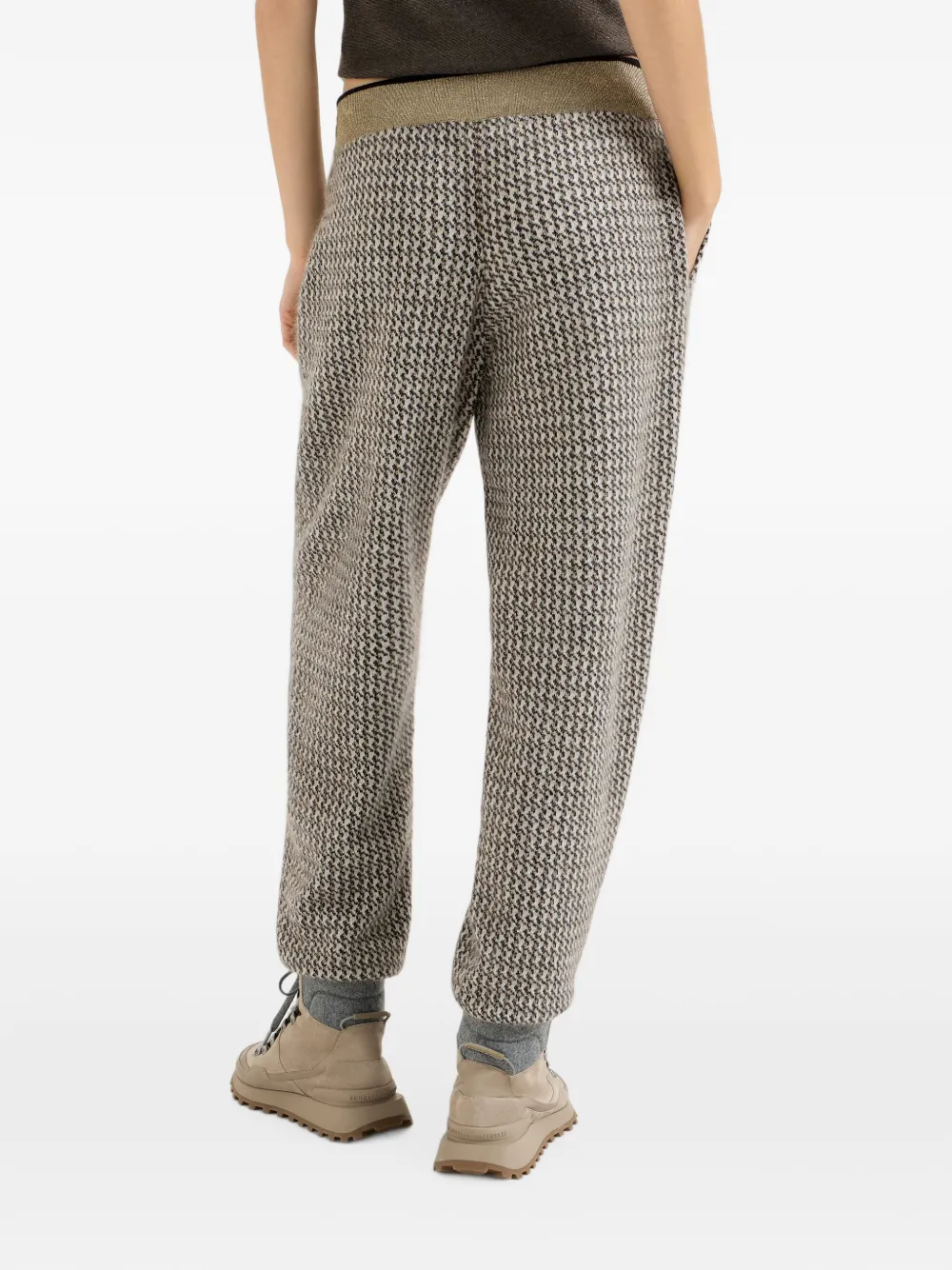 Brunello Cucinelli Gebreide trainingsbroek van mohair scheerwol en kasjmier met glinsterende pied-de-pouleprint Beige