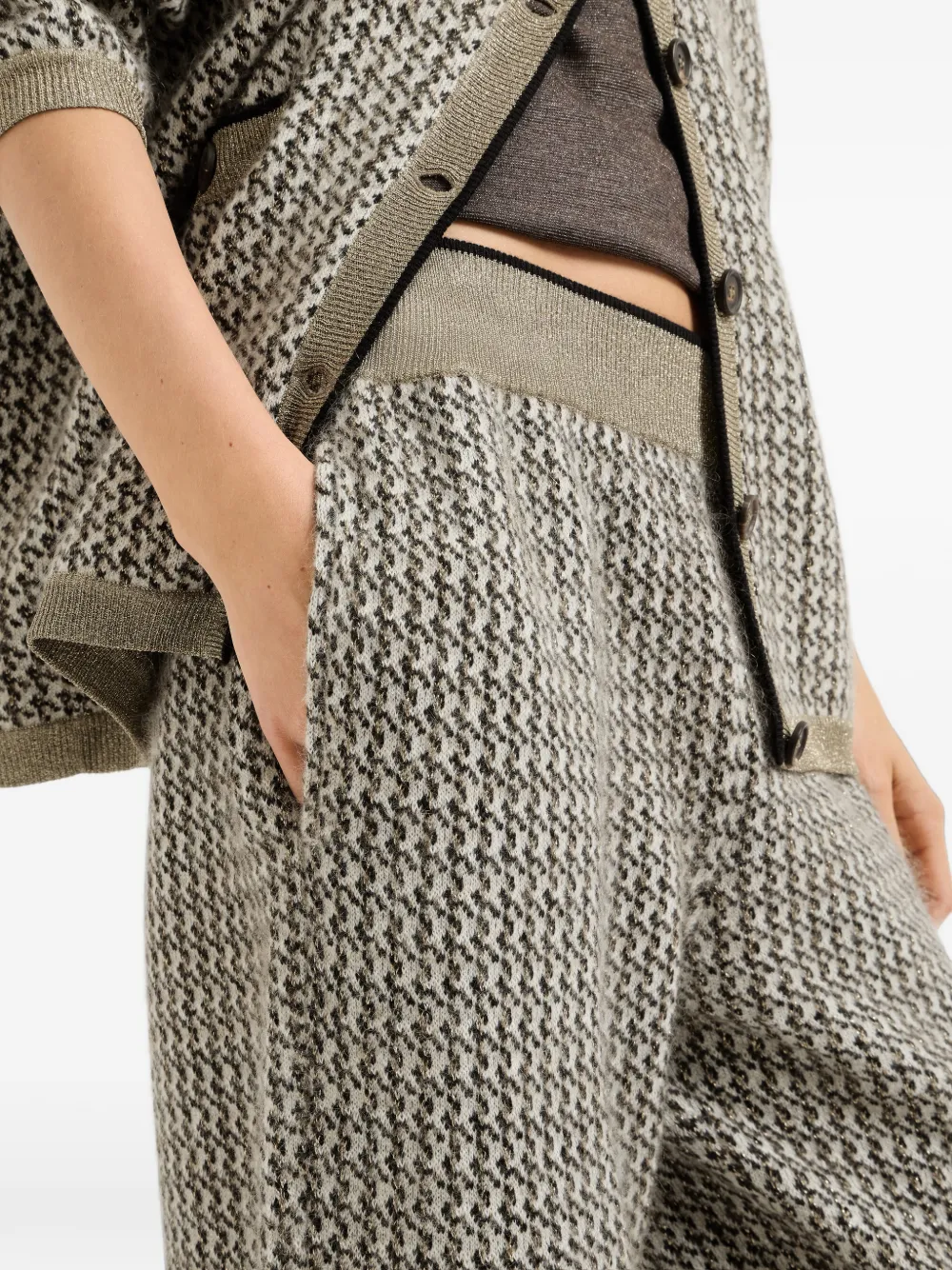 Brunello Cucinelli Gebreide trainingsbroek van mohair scheerwol en kasjmier met glinsterende pied-de-pouleprint Beige