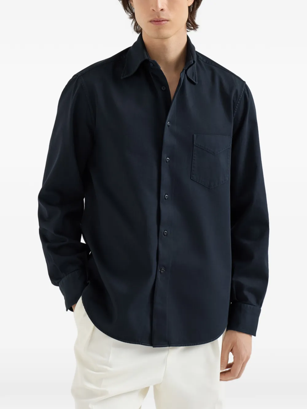 Brunello Cucinelli Katoenen gabardine overhemd met Italiaanse kraag en borstzak Blauw