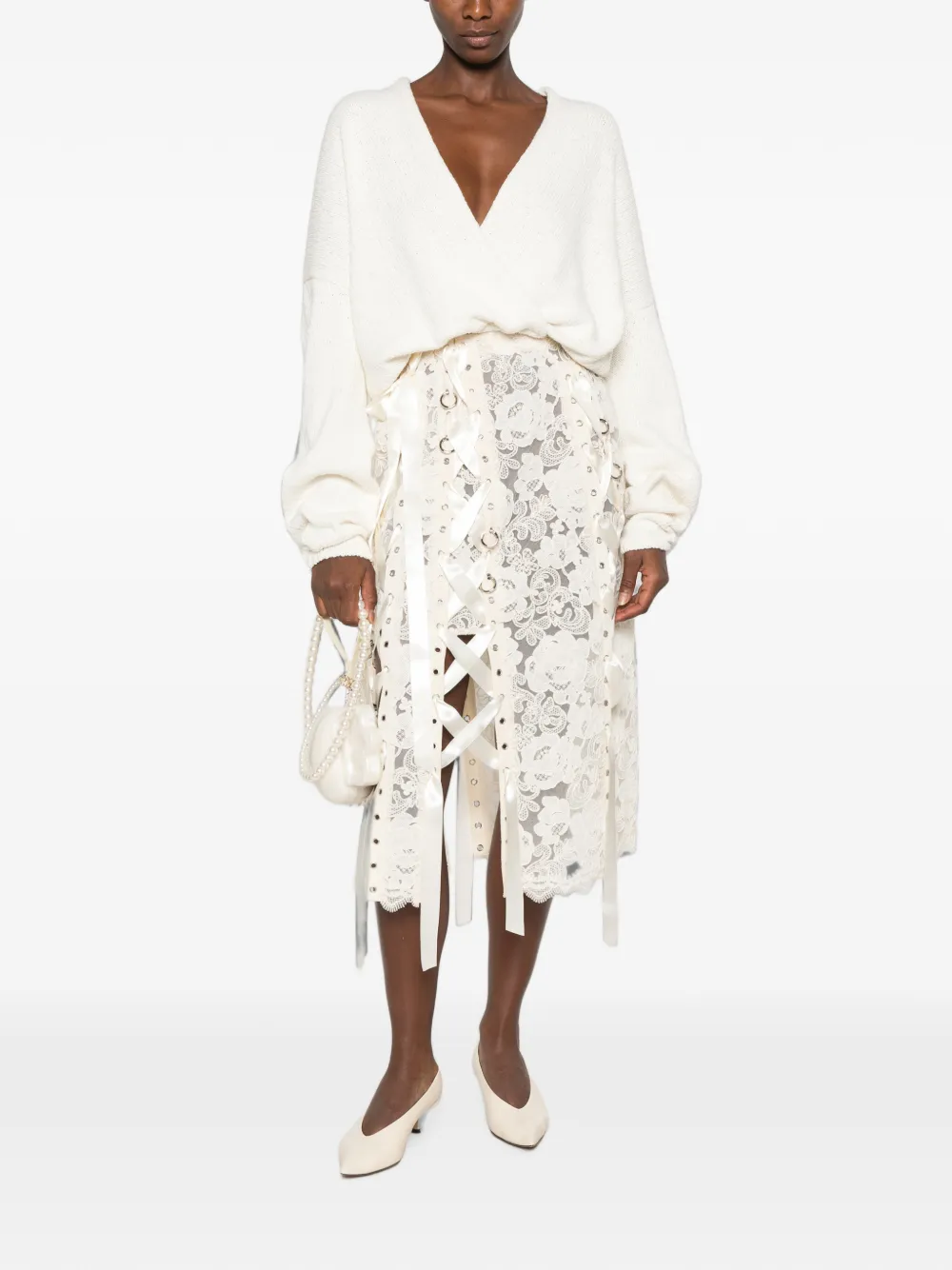 Simone Rocha Midi-rok met bloemenkant en veters Beige