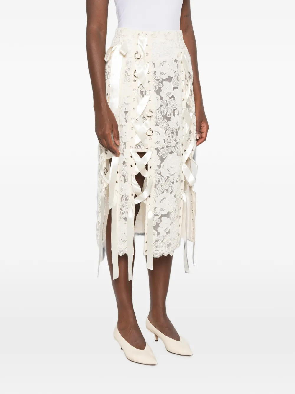 Simone Rocha Midi-rok met bloemenkant en veters Beige