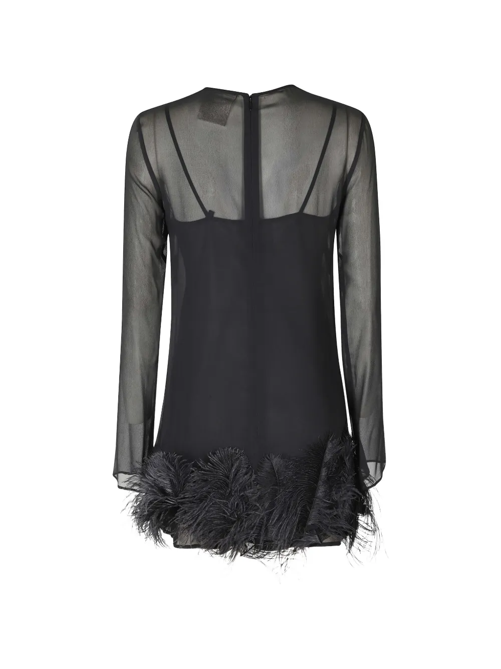 Semicouture Rae feather-trim sheer-sleeve mini dress Zwart