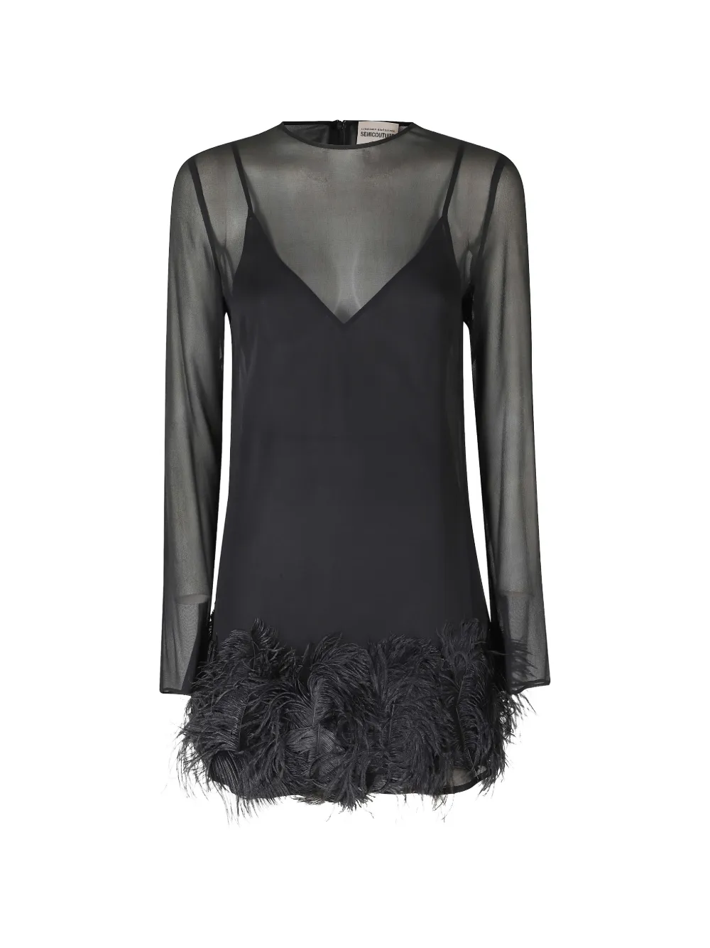 Semicouture Rae feather-trim sheer-sleeve mini dress Zwart
