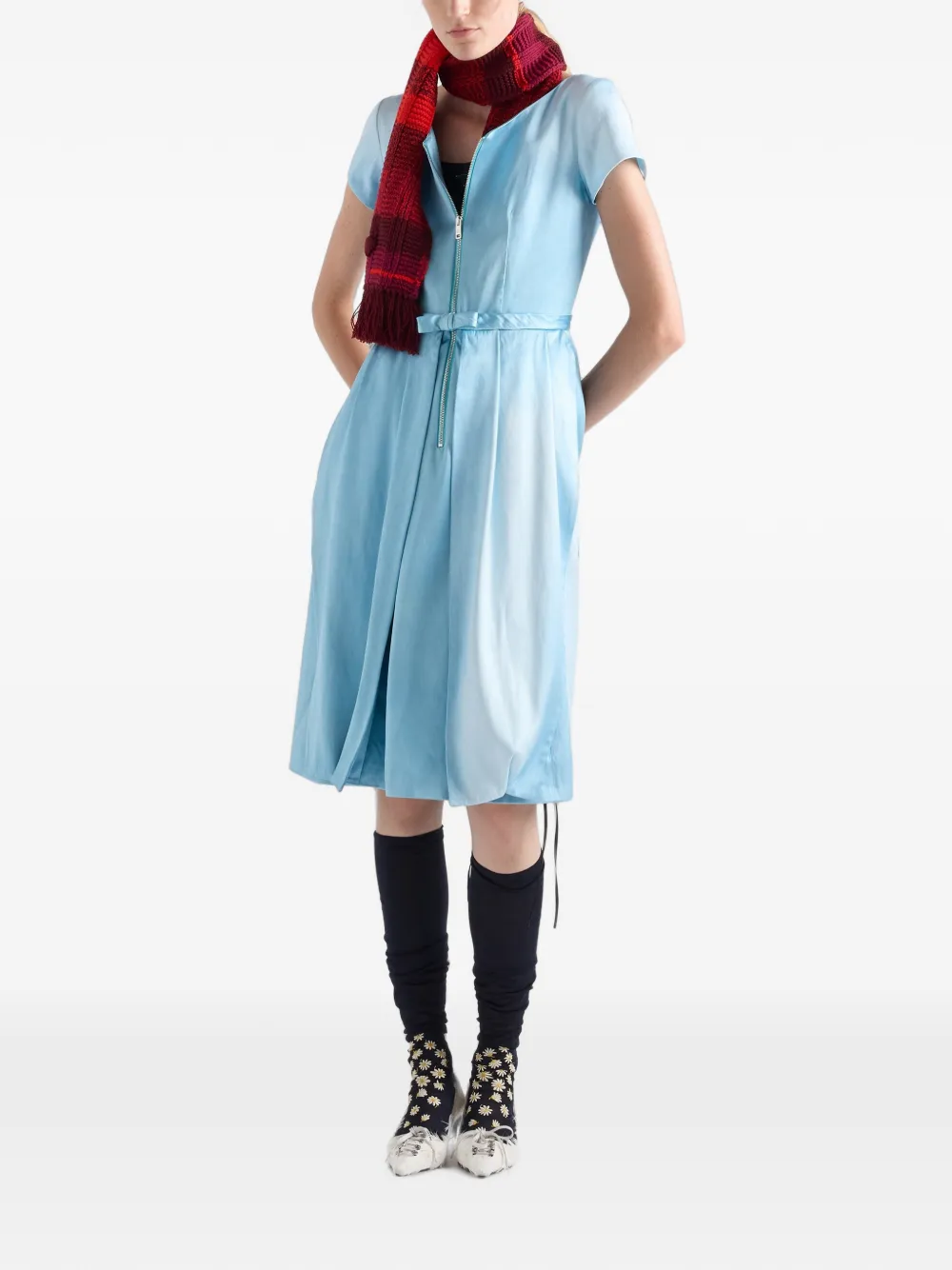 Prada Zijden-duchesse jurk met verwassen effect Blauw