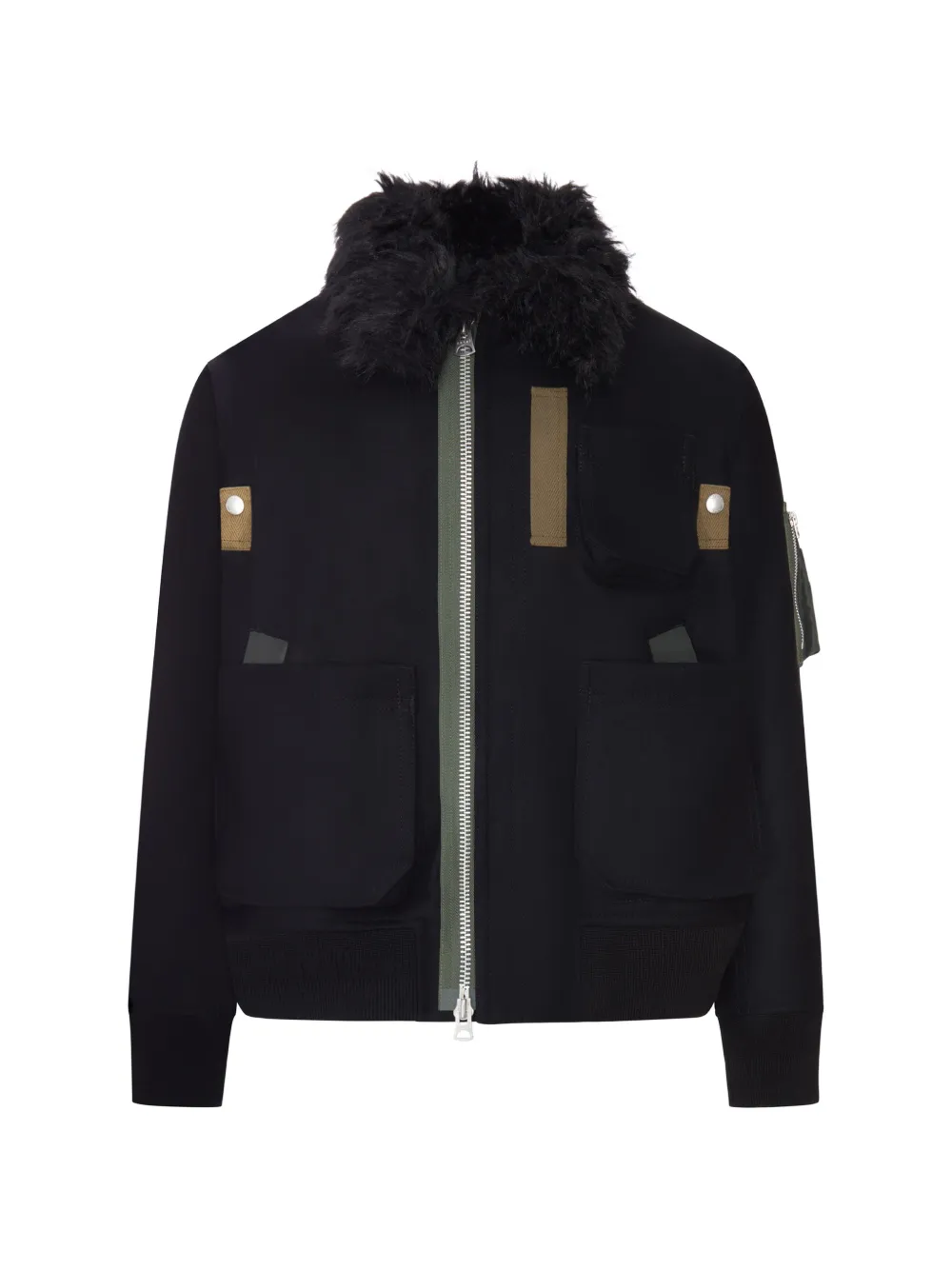 sacai Melton faux-fur collar wool jacket - Schwarz