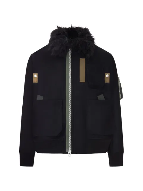 sacai Melton faux-fur collar wool jacket