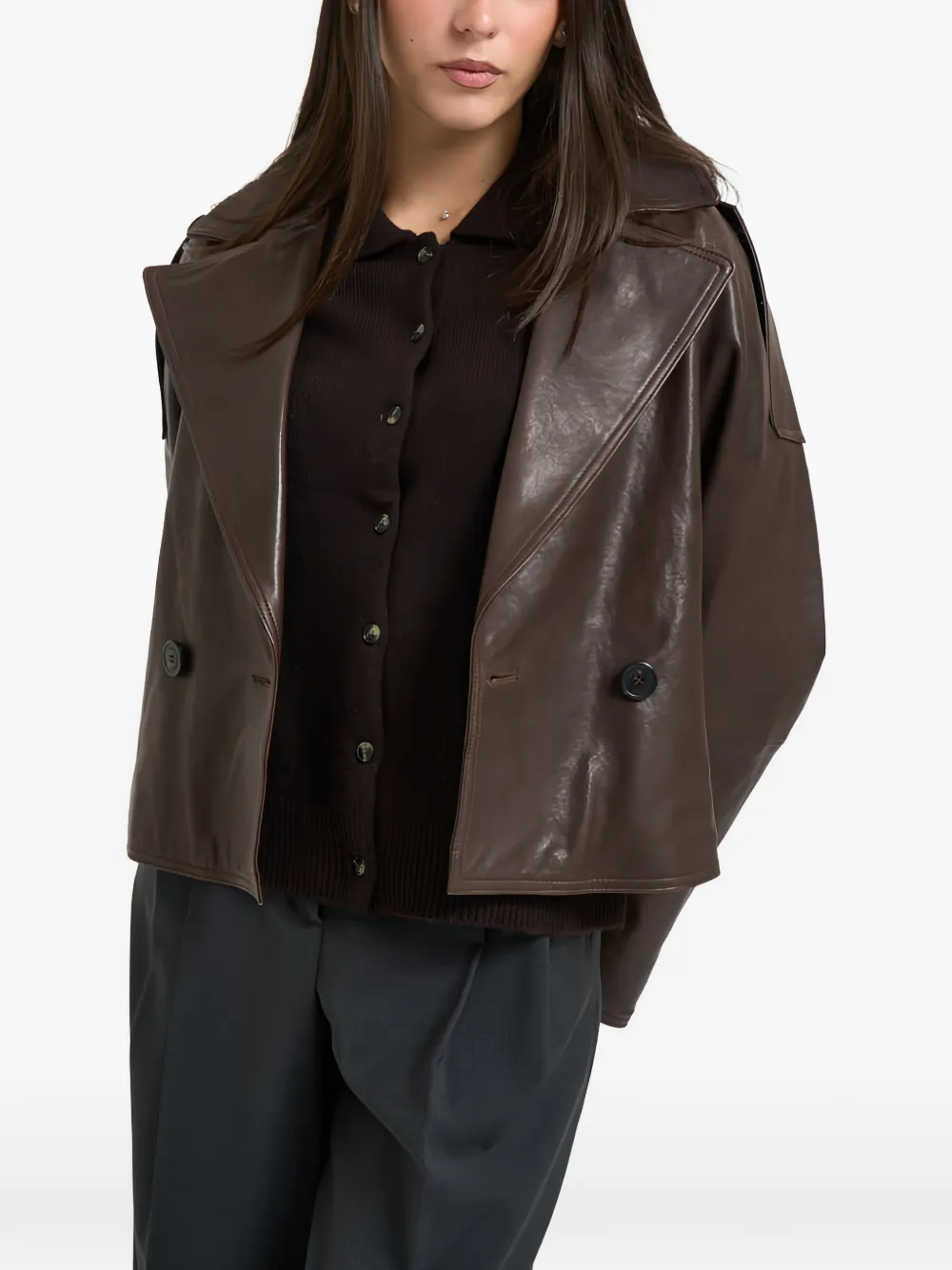 Weekend Max Mara Felino leren jack met dubbele rij knopen Bruin