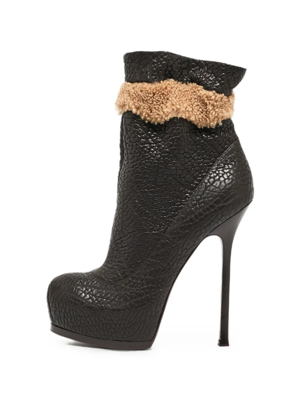 Saint Laurent Pre-Owned textured shearling-trim stiletto ankle boots - Braun