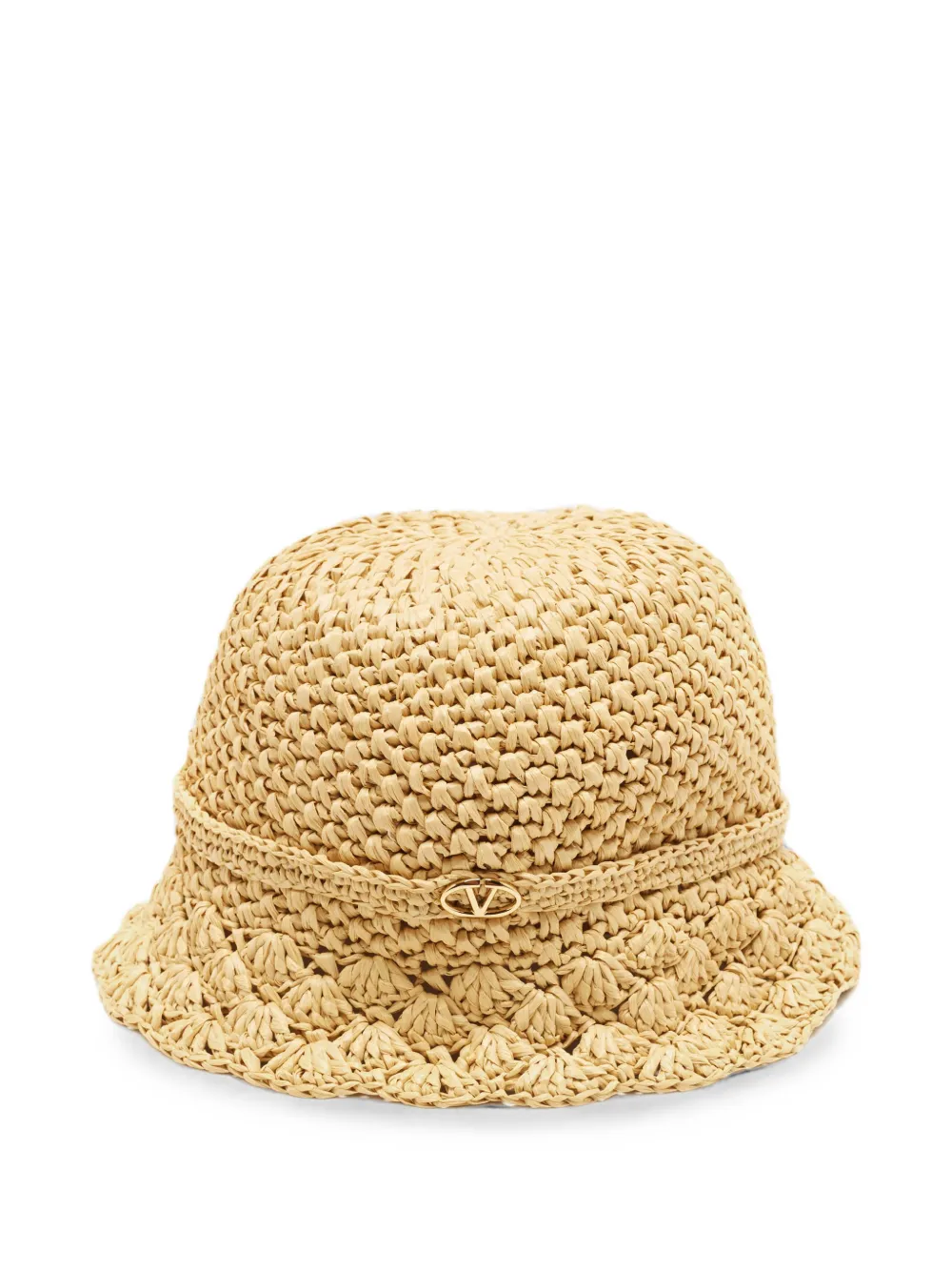 Pre-owned Valentino Garavani Logo-plaque Crochet Bucket Hat In Neutrals