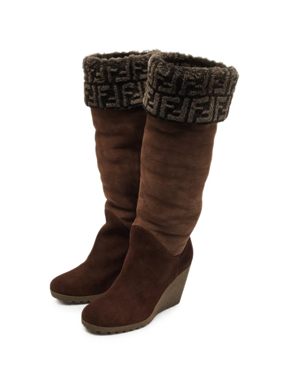 Fendi Pre-Owned shearling-cuff wedge knee-high boots - Braun