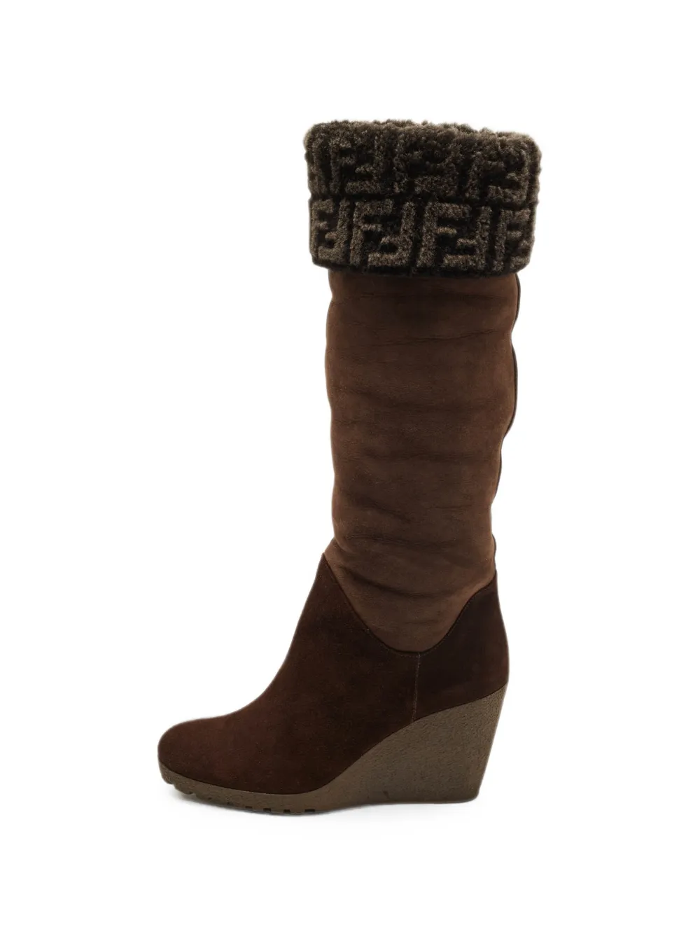Fendi Pre-Owned shearling-cuff wedge knee-high boots - Marrone