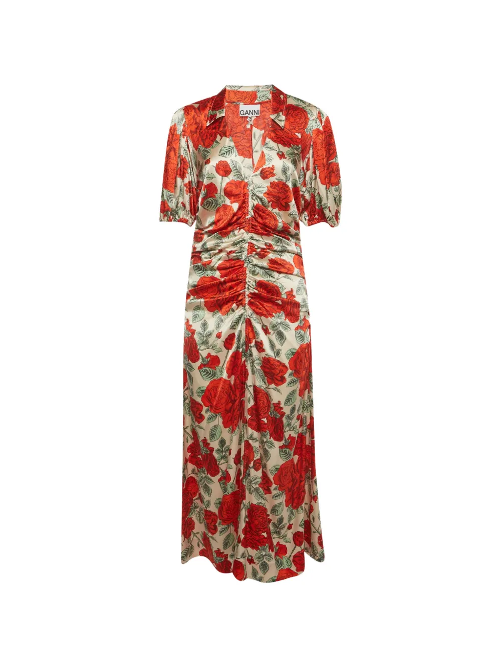 GANNI rose-print ruched midi dress - Toni neutri