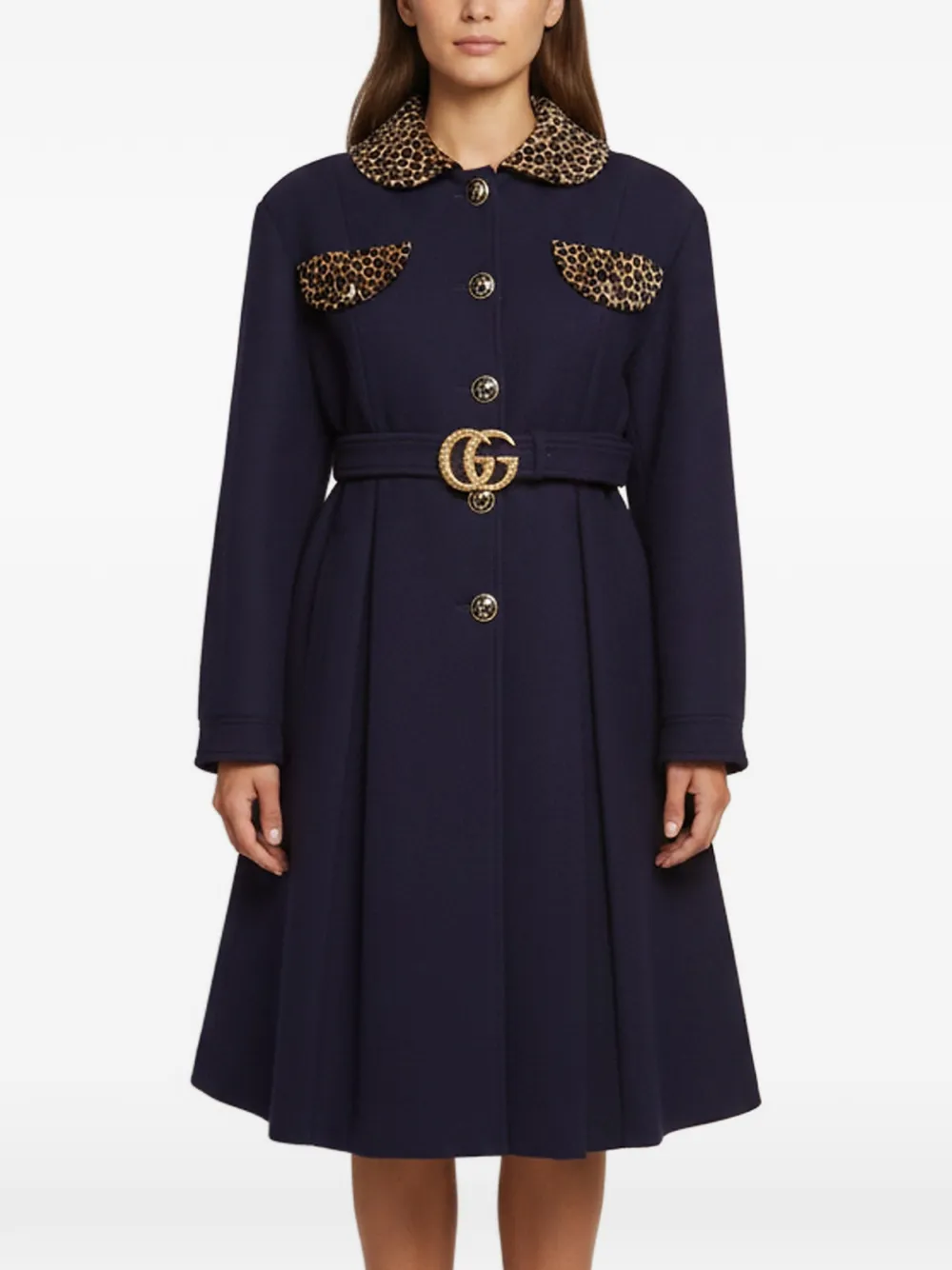 Gucci Pre-Owned leopard-print trim belted coat - Blau