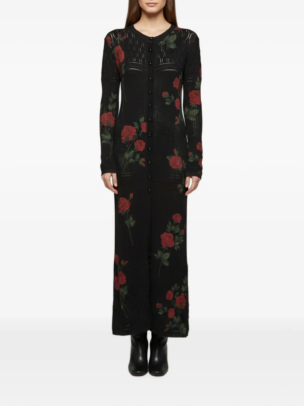 Magda Butrym 2024 rose-print pointelle-knit midi dress - Nero