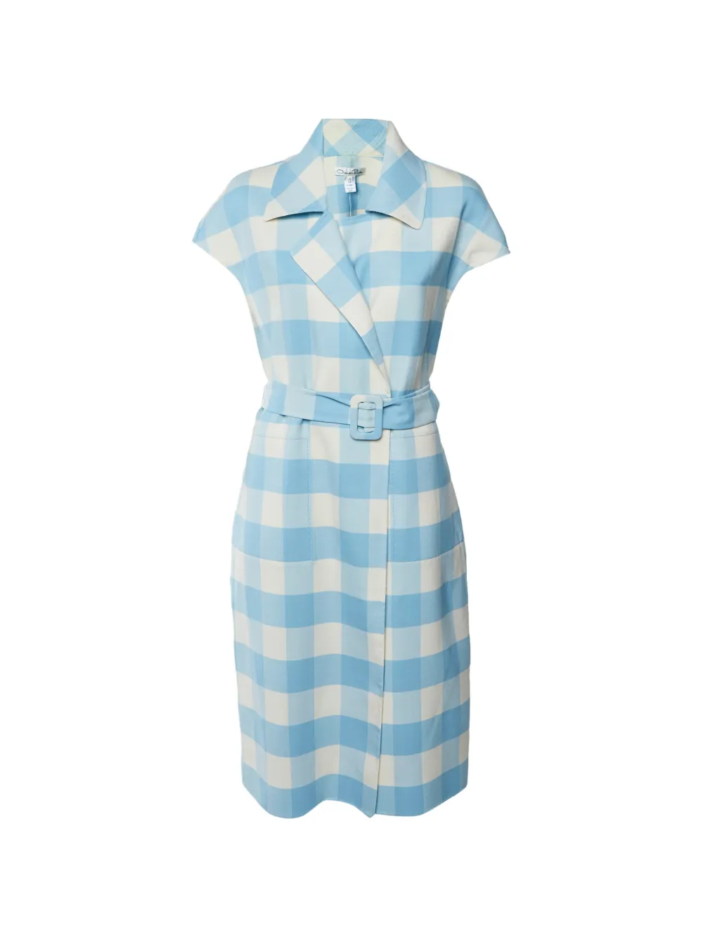 Pre-owned Oscar De La Renta Check-print Belted Midi Dress In Blue