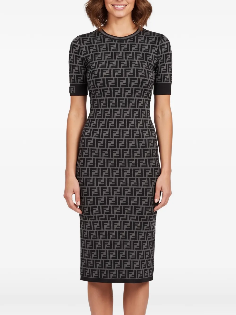 Fendi Pre-Owned Zucca monogram intarsia knittd midi dress - Grau