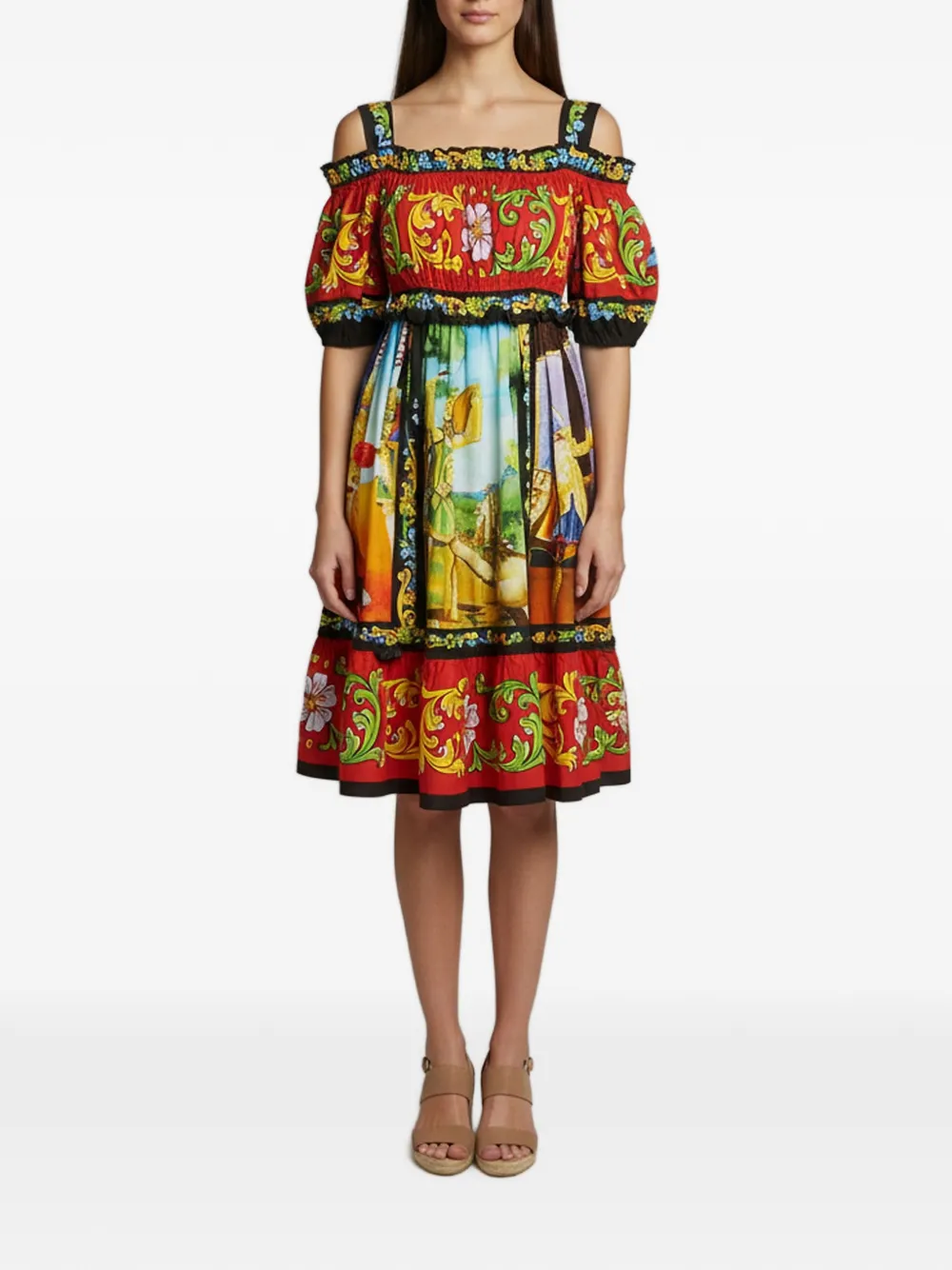 Pre-owned Dolce & Gabbana Carretto Siciliano Print Poplin Midi Dress In Red