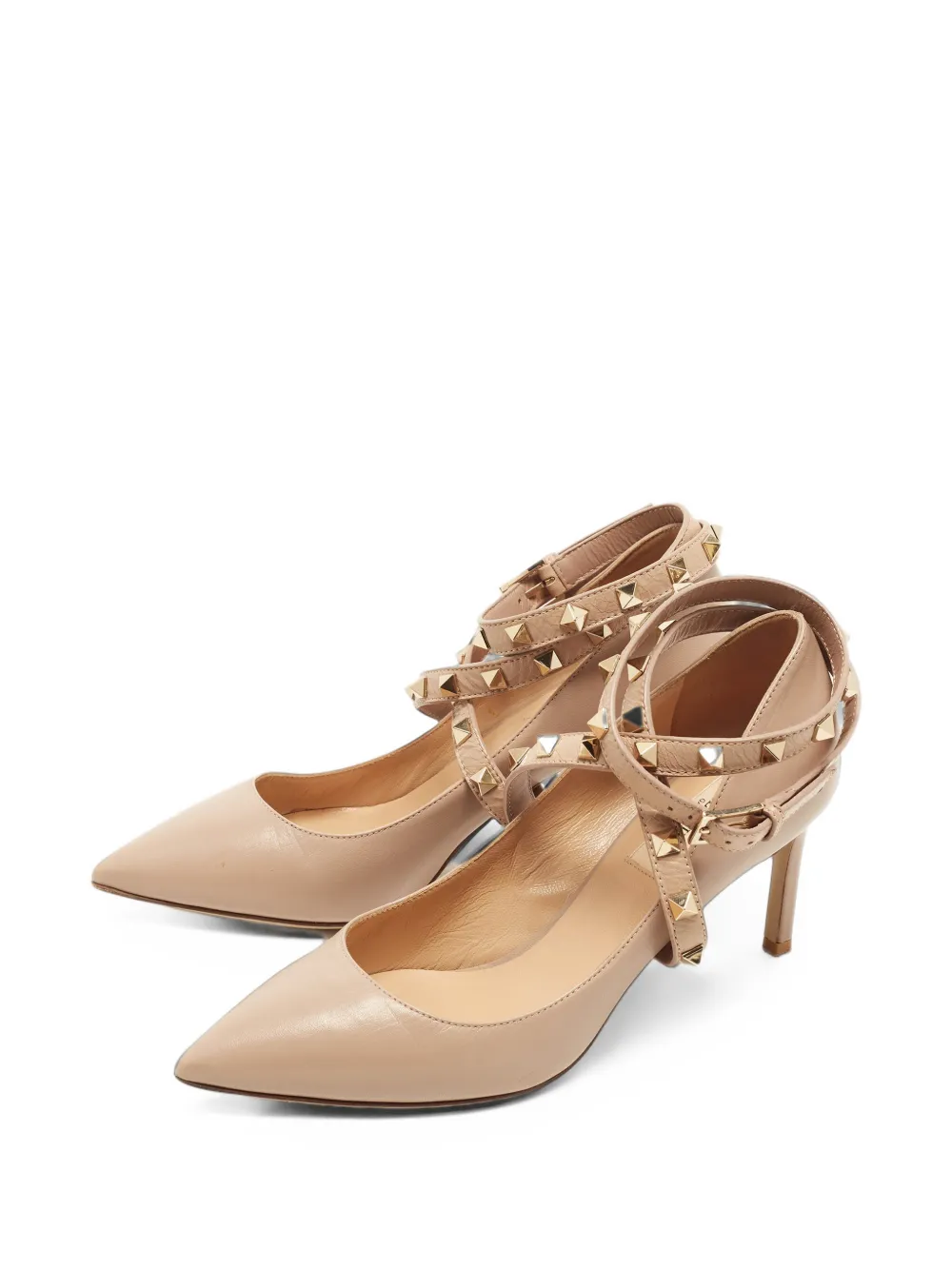 Pre-owned Valentino Garavani Rockstud Ankle-strap Heeled Pumps In Neutrals
