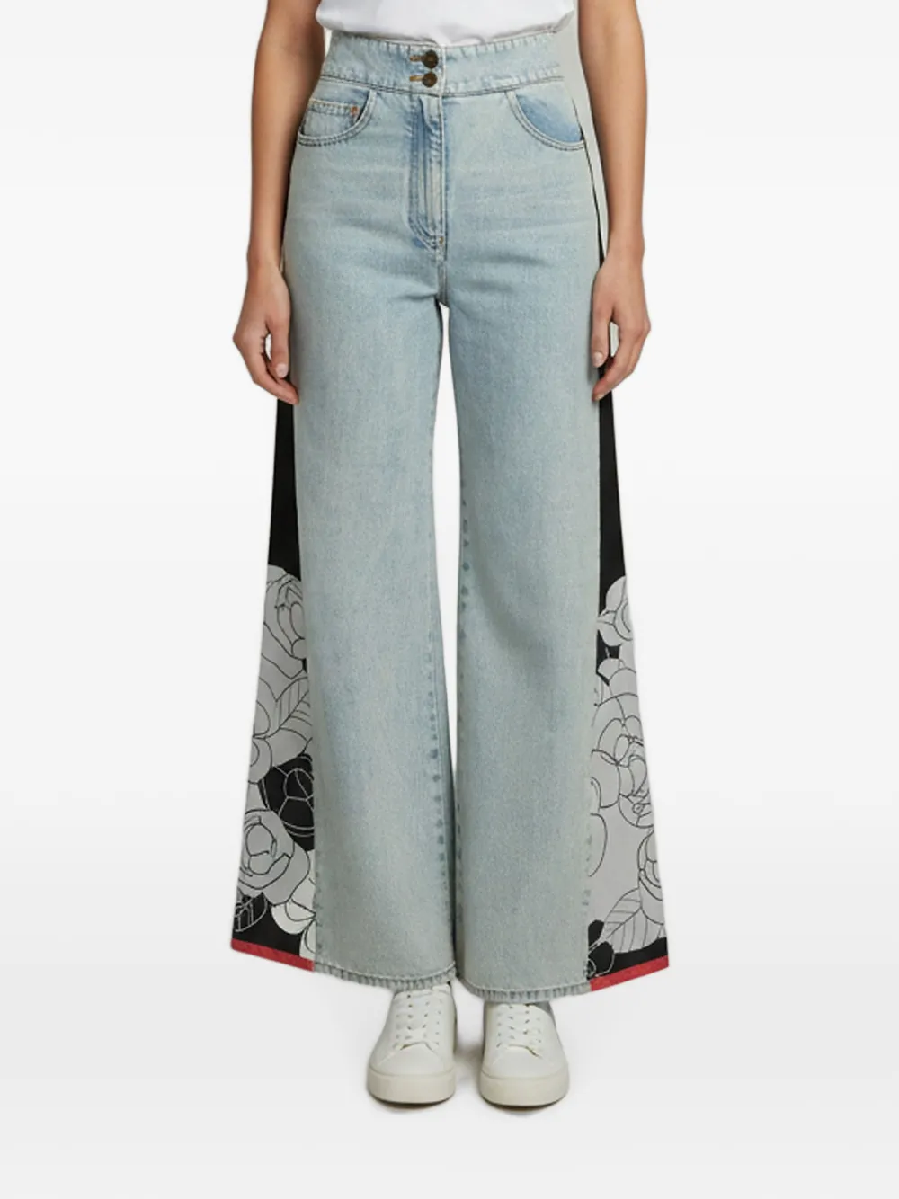 CHANEL Pre-Owned Camellia print flared jeans - Blau