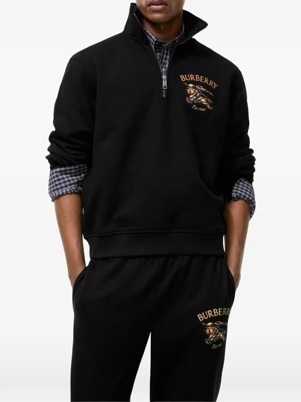 Burberry Knight Check katoenen trui met halve rits Zwart